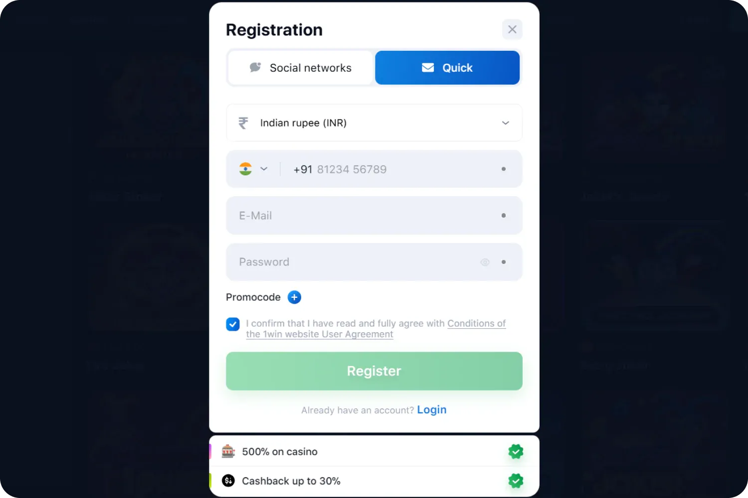 1win Registration Process - Quick Sign Up
